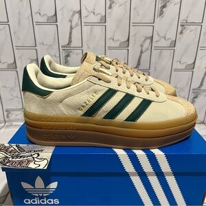 New Adidas Gazelle Bold Platform Shoes Green Tan Brown Suede Leather Womens 6